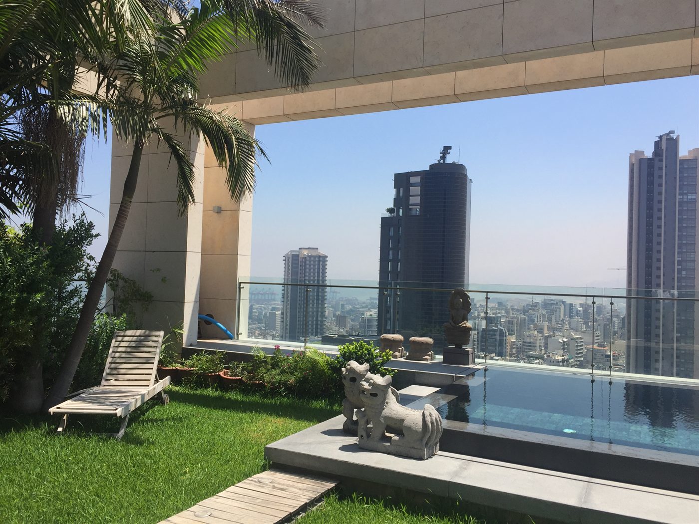 Rooftop pool and planted terrace overlooking the city