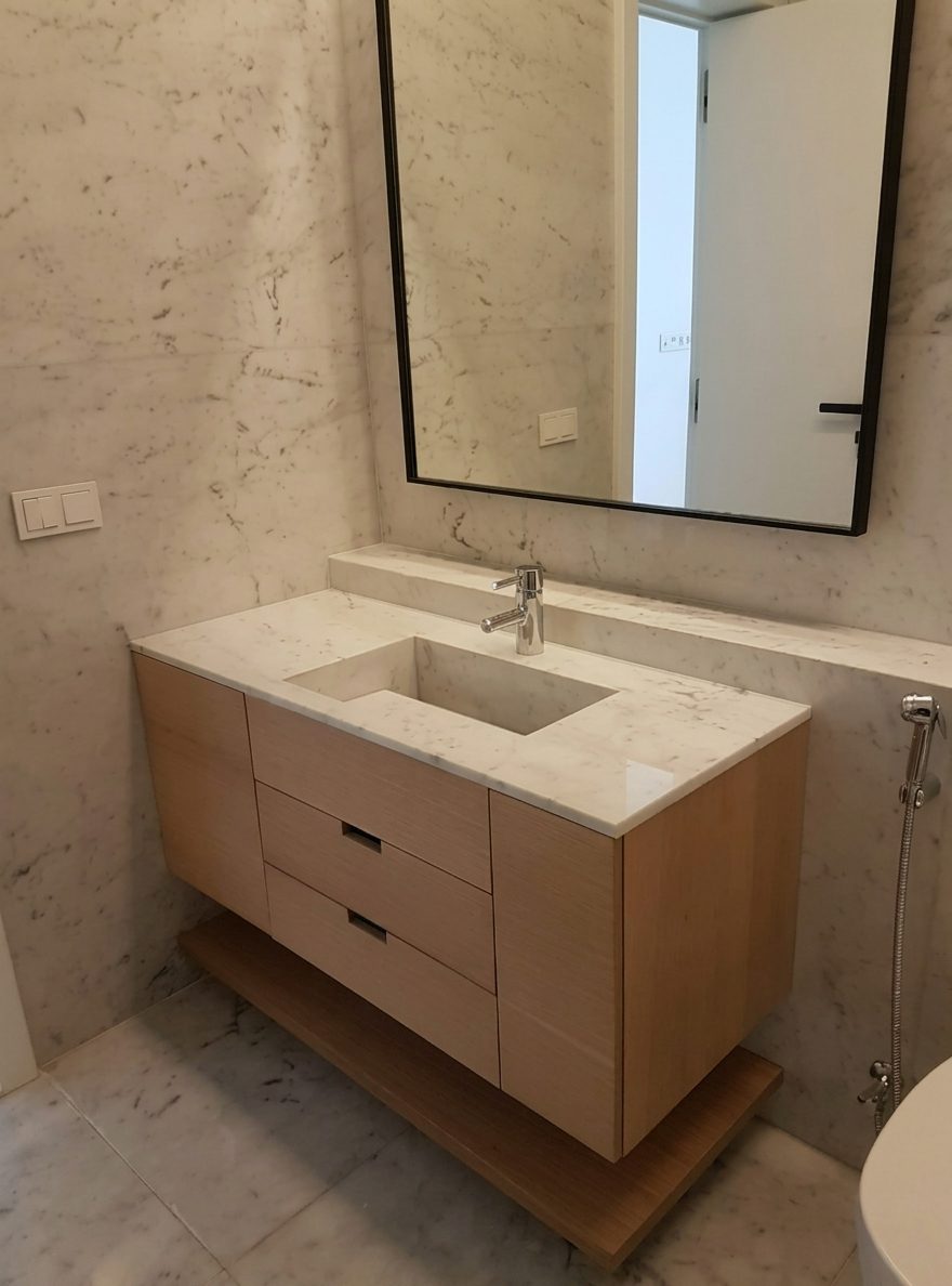 Marble bathroom vanity with an oak drawer unit