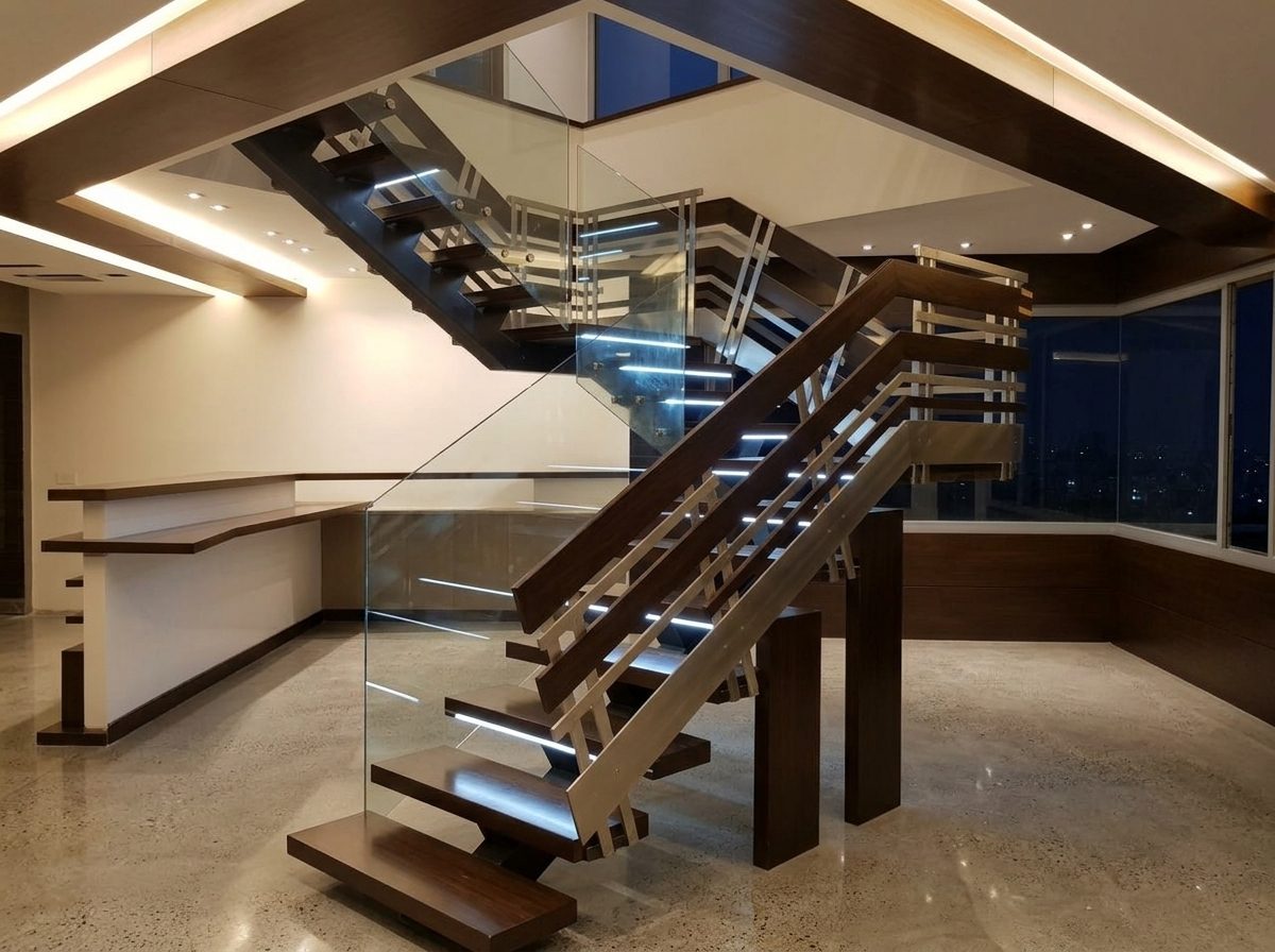 Steel and timber staircase with a glass balustrade
