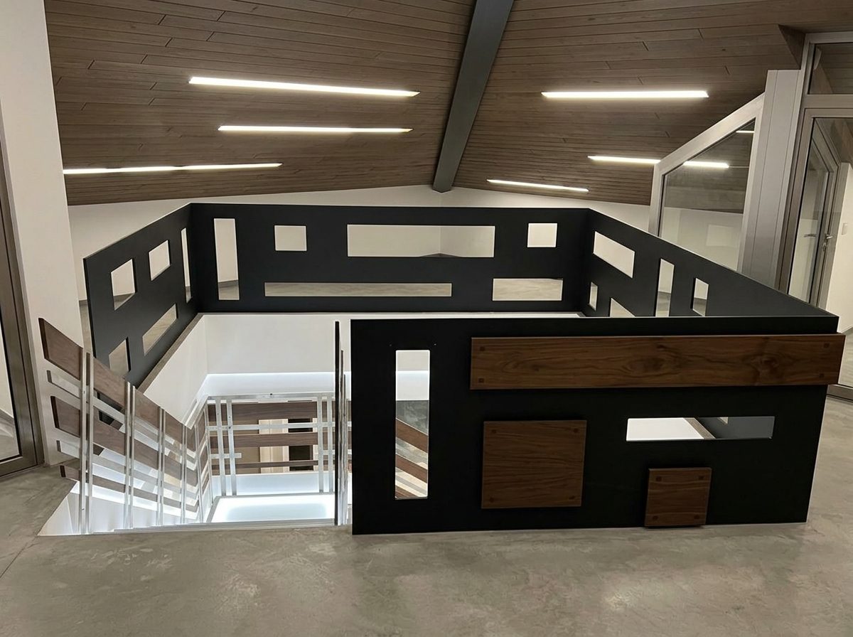 Top-floor landing with a blackened steel balustrade